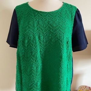 J Crew Green and Blue Panel Lace Blouse